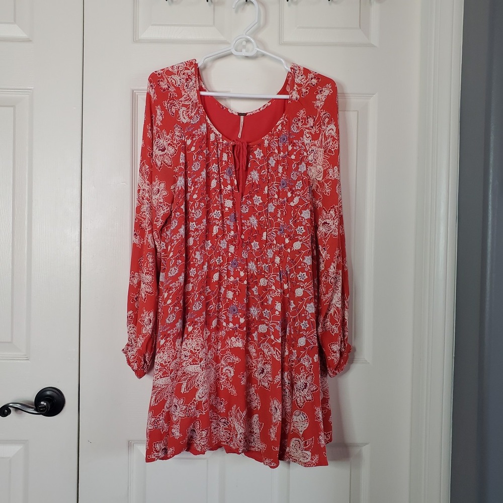 Free People Lucky Loosey Bohemian Mini Dress Floral Red Flowy Pullover Fairy Med